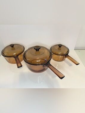 Vintage Corning Vision Pyrex Pot Set 6 Piece With Lids Amber Glass Cookware Set